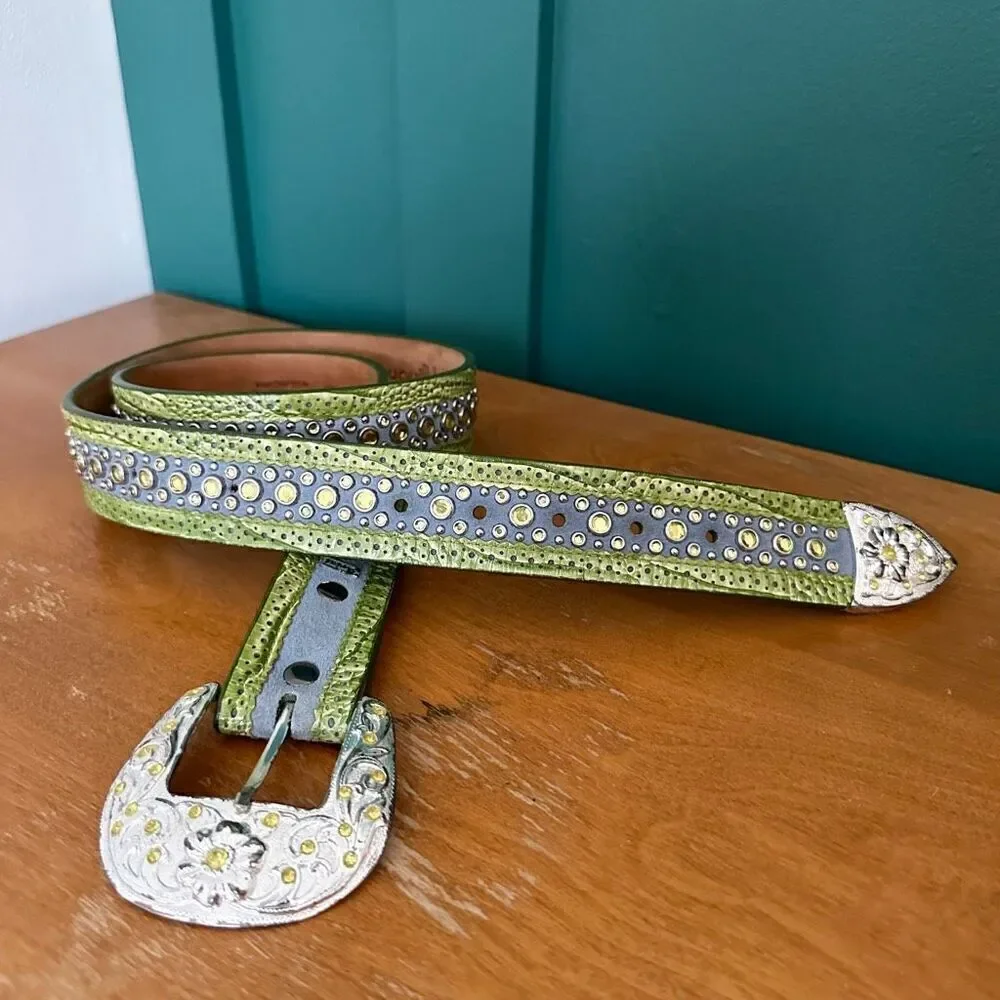Ariat Women’s Suede Dusty Blue Green Leather Heavily Beaded Chartreuse Stone Bel